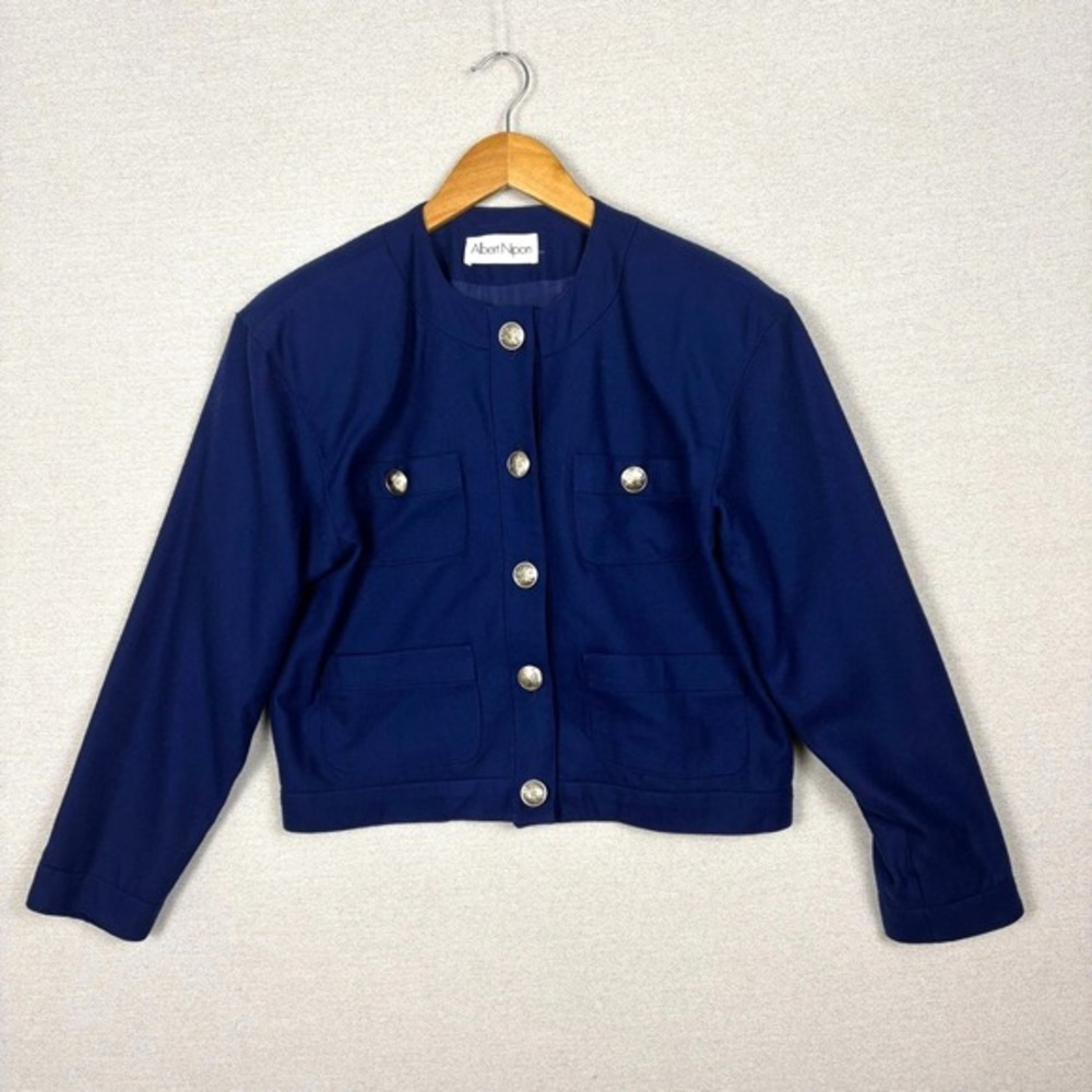 Vtg 80s Albert Nipon Blazer‎ Womens M Wool Royal Blue USA Union Made Military